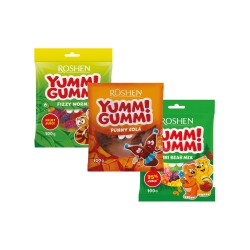 Цукерки Roshen желейні Yummi Gummi 100г Fizzy Worms, Funny Cola, Mini Bear Mix