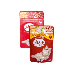 Корм д/кот. Мяу 100г з телятиною в соусі, рибне ас. в соусі, з індичкою в ніж.соусі, з куркою в соусі